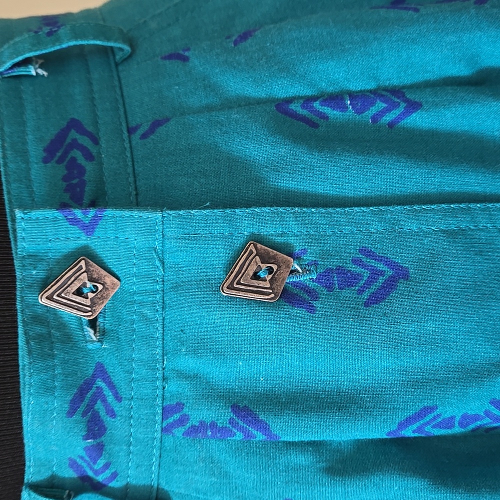 VnTG 90s Western Skirt~ Column Style, Teal Print 100% Cotton, Conchos, Long, XS